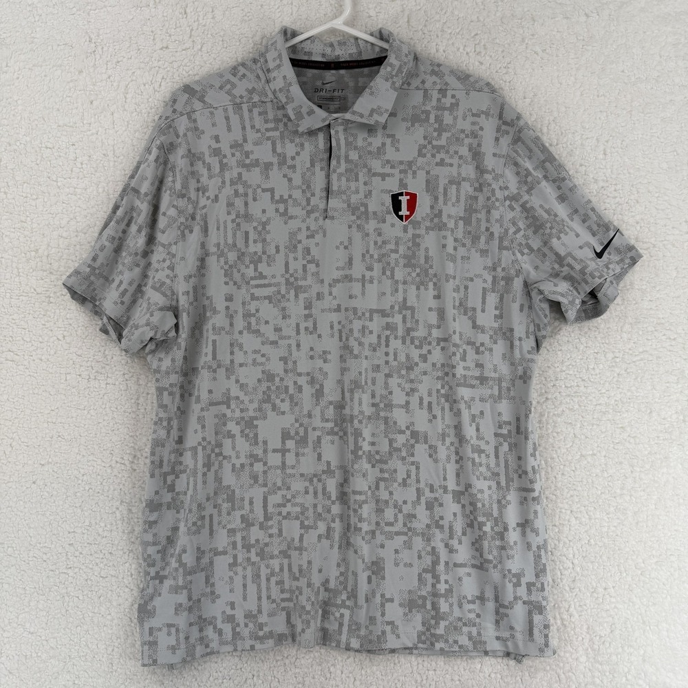 Nike Tiger Woods Polo Shirt Mens Large Gray Camo Dri-FIT Golf Iolani Hawaii